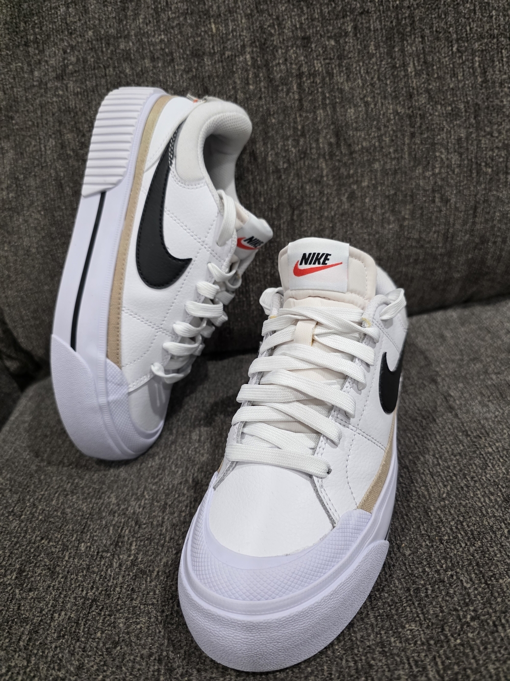 Nike White Platform Sneakers with Black Swoosh and Beige Trim - Picture 2 of 9